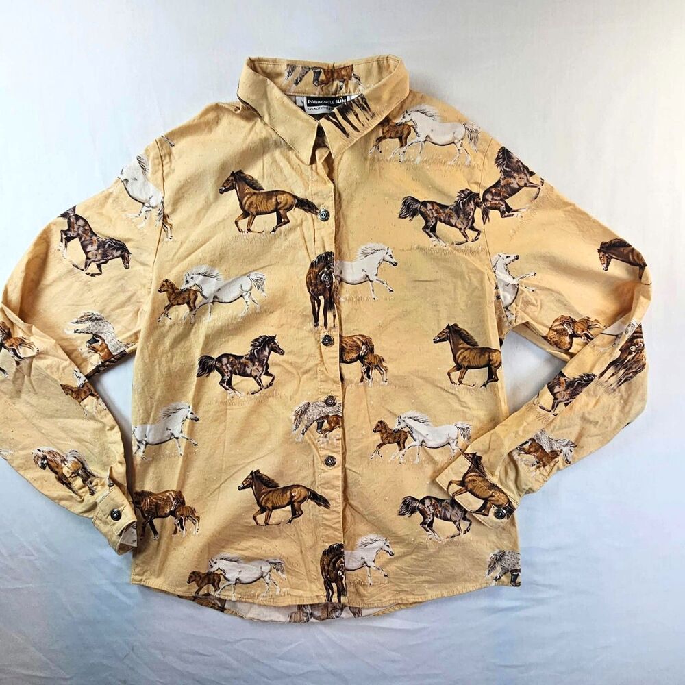 VIntage Panhandle Slim Womens Medium Western Button Shirt All Over Horse Print